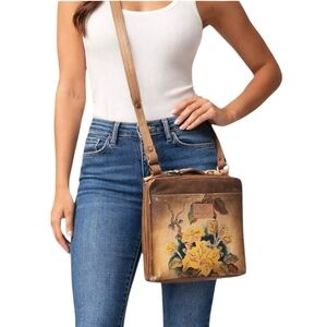Vintage Sharif 1827 Floral Hand Painted Leather Crossbody Bag Boho 8x8